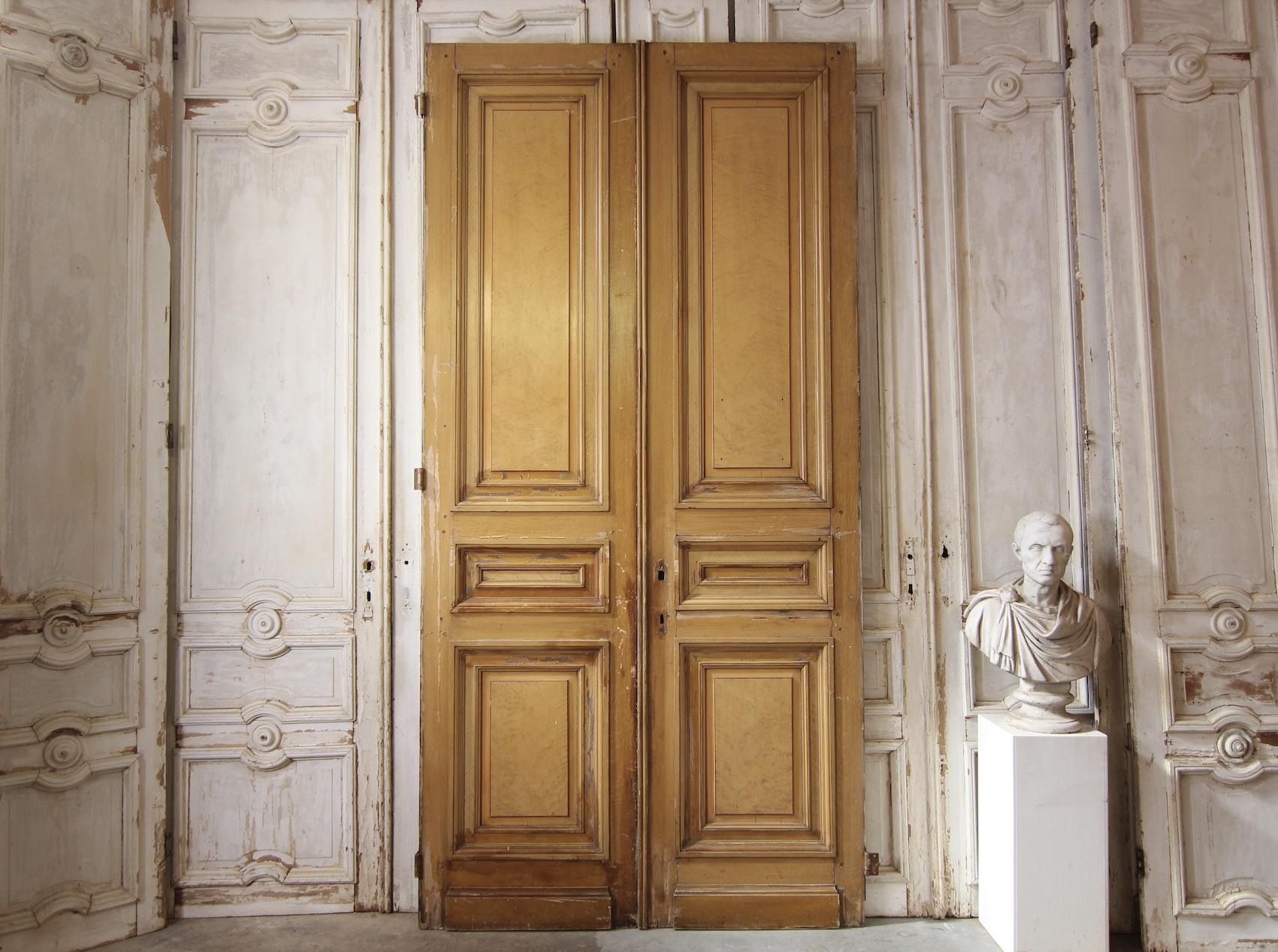 High double door in the original paint from around 1900.

Solid pine frame construction with 3 cassettes each.

Dimensions: 
304 cm high / 119.7 inch high,
75 cm or 150 cm wide / 29.5 inch or 59 inch wide,
8 cm deep / 3 inch deep.