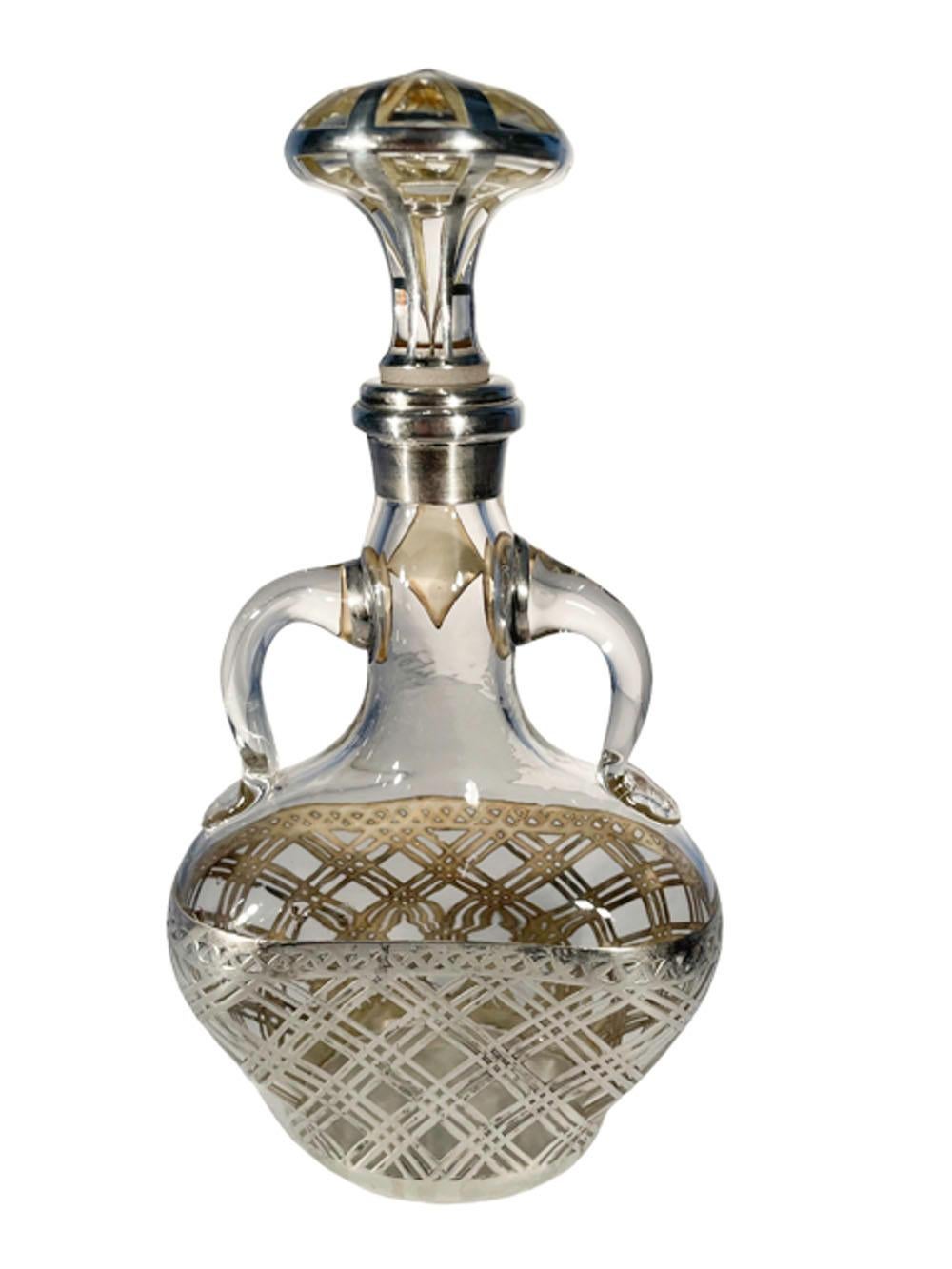 American Early 20th Century Double Handled Silver Overlaid Clear Glass Decanter For Sale