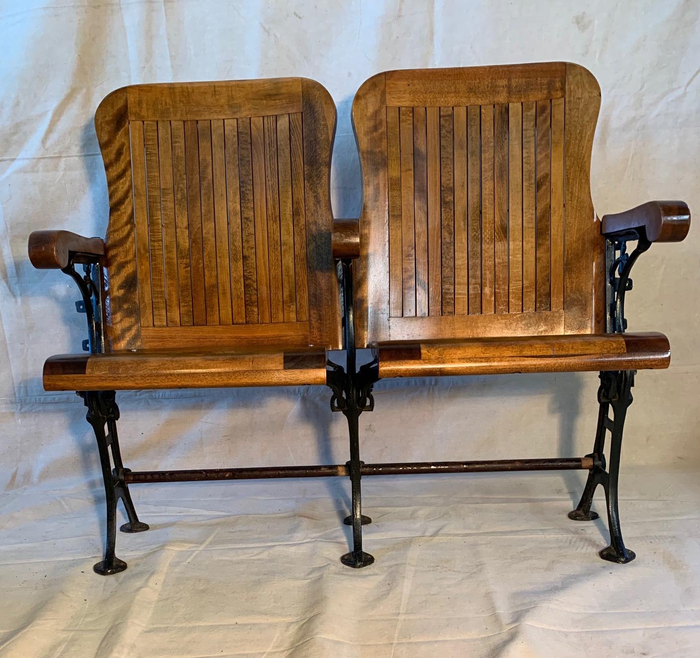 Early 20th Century Double Seat Folding Theater Chairs, circa 1910-1920 In Good Condition In Lambertville, NJ