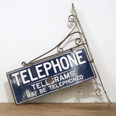 Early 20th Century Double-Sided Enamel Telephone Telegram Sign, Ornate Bracket