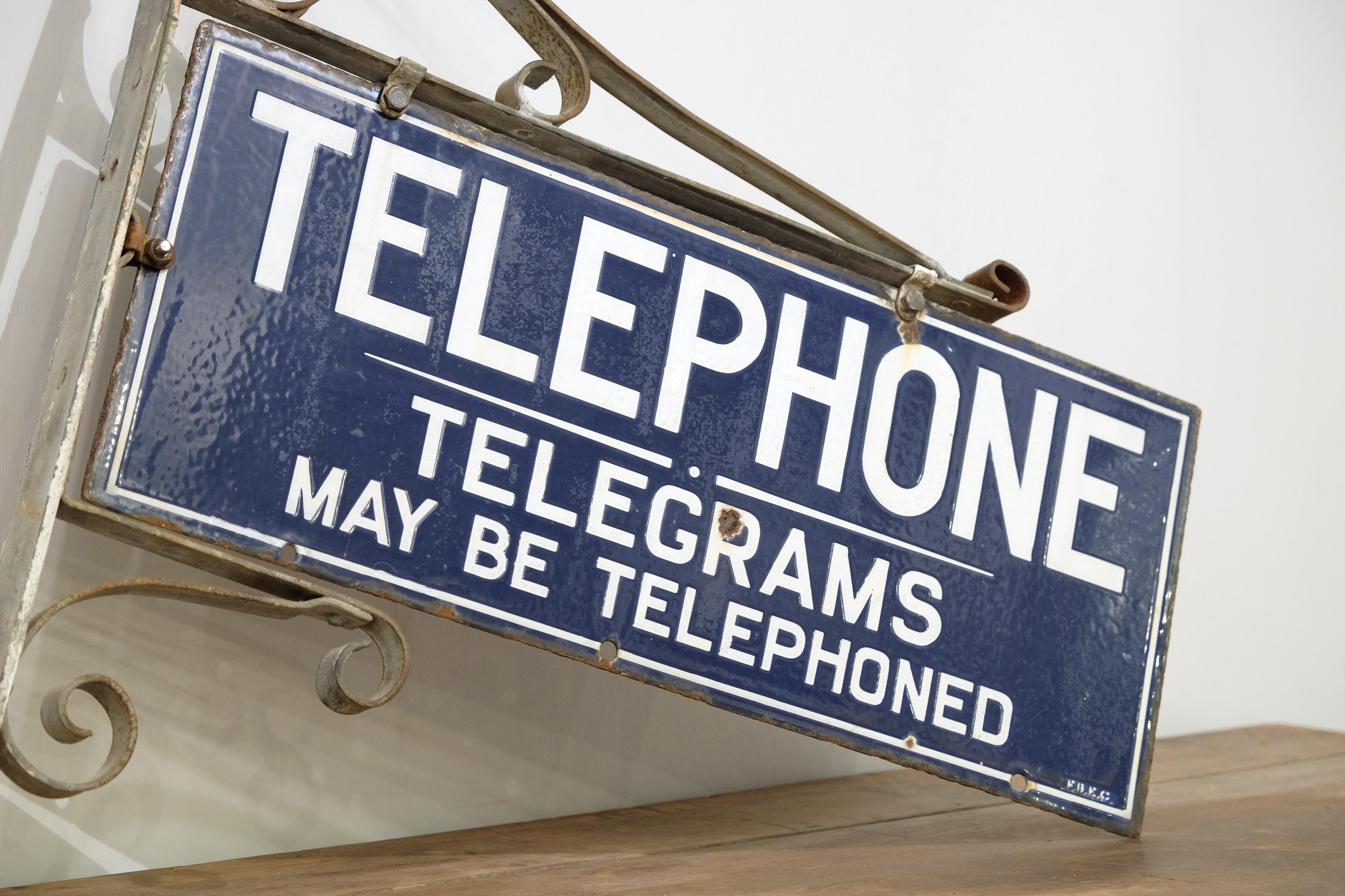Industrial Early 20th Century Double-Sided Enamel Telephone Telegram Sign, Ornate Bracket