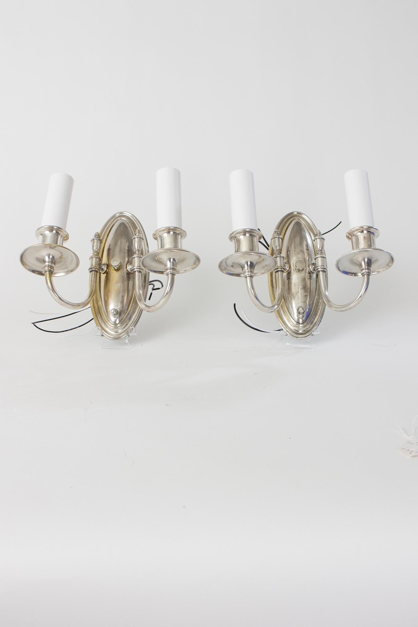 American Classical Early 20th Century Double Silver Sconces - a Pair For Sale