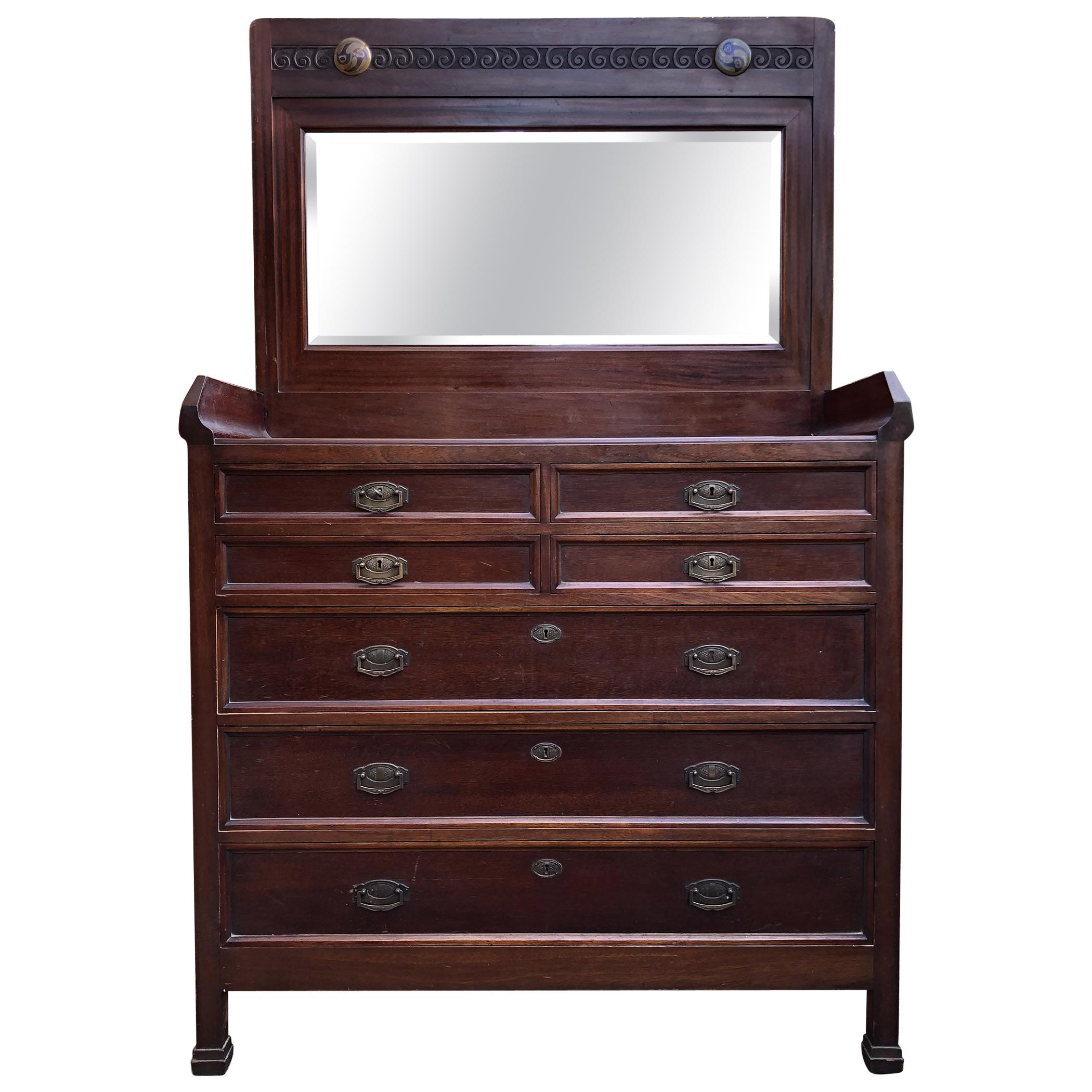 1930's Italian Dresser Drawer in Mahogany and Chestnut, with Mirror Restored