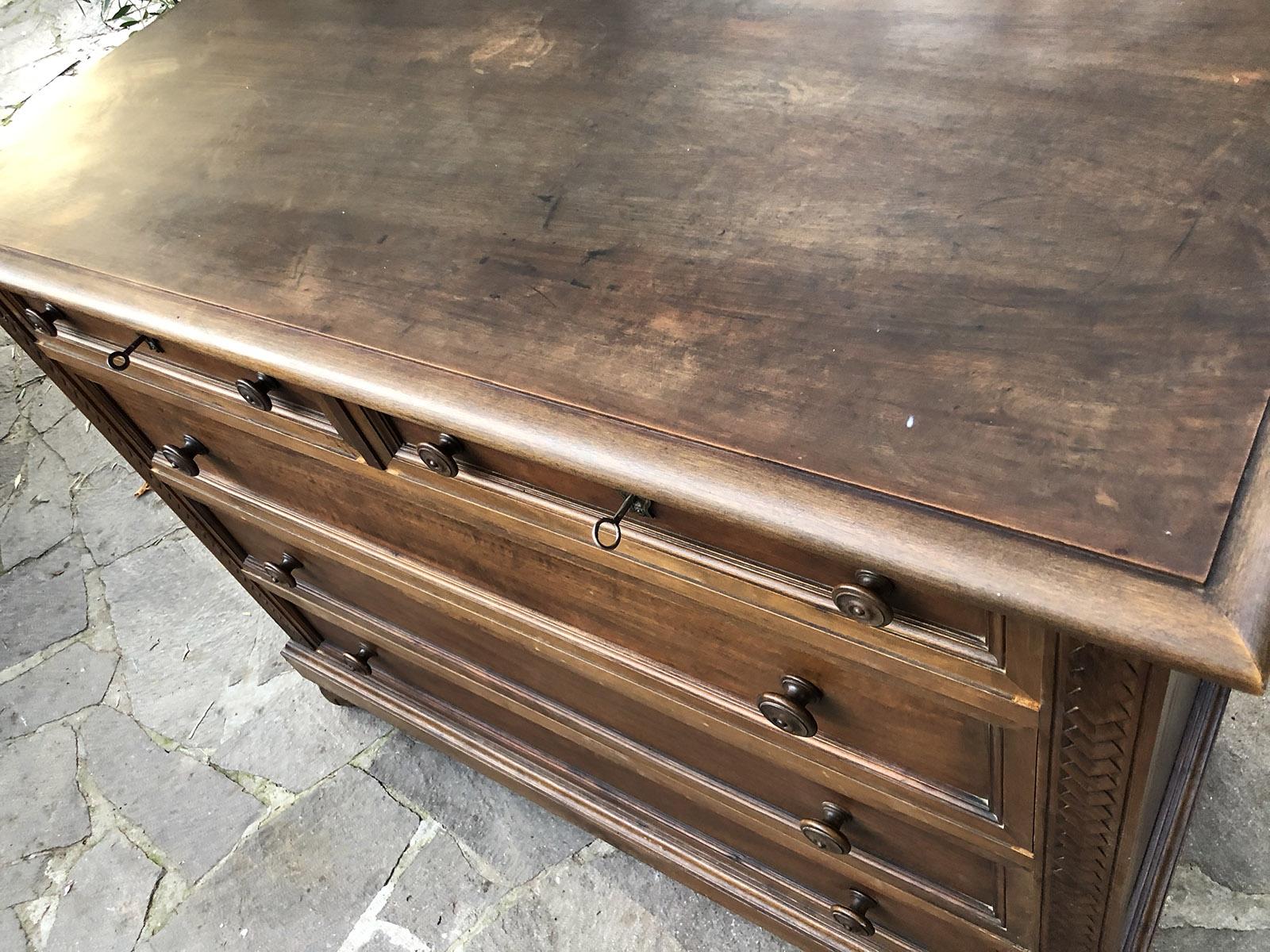 Renaissance Revival Early 20th Century Dresser Drawer in Walnut Restored Wax Polished from Tuscany