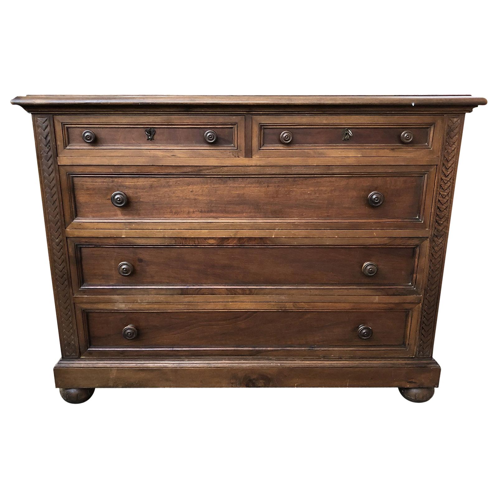 Early 20th Century Dresser Drawer in Walnut Restored Wax Polished from Tuscany