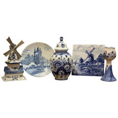 Antique Early 20th Century Dutch Blue and White Delft Faience Pieces, Set of Five