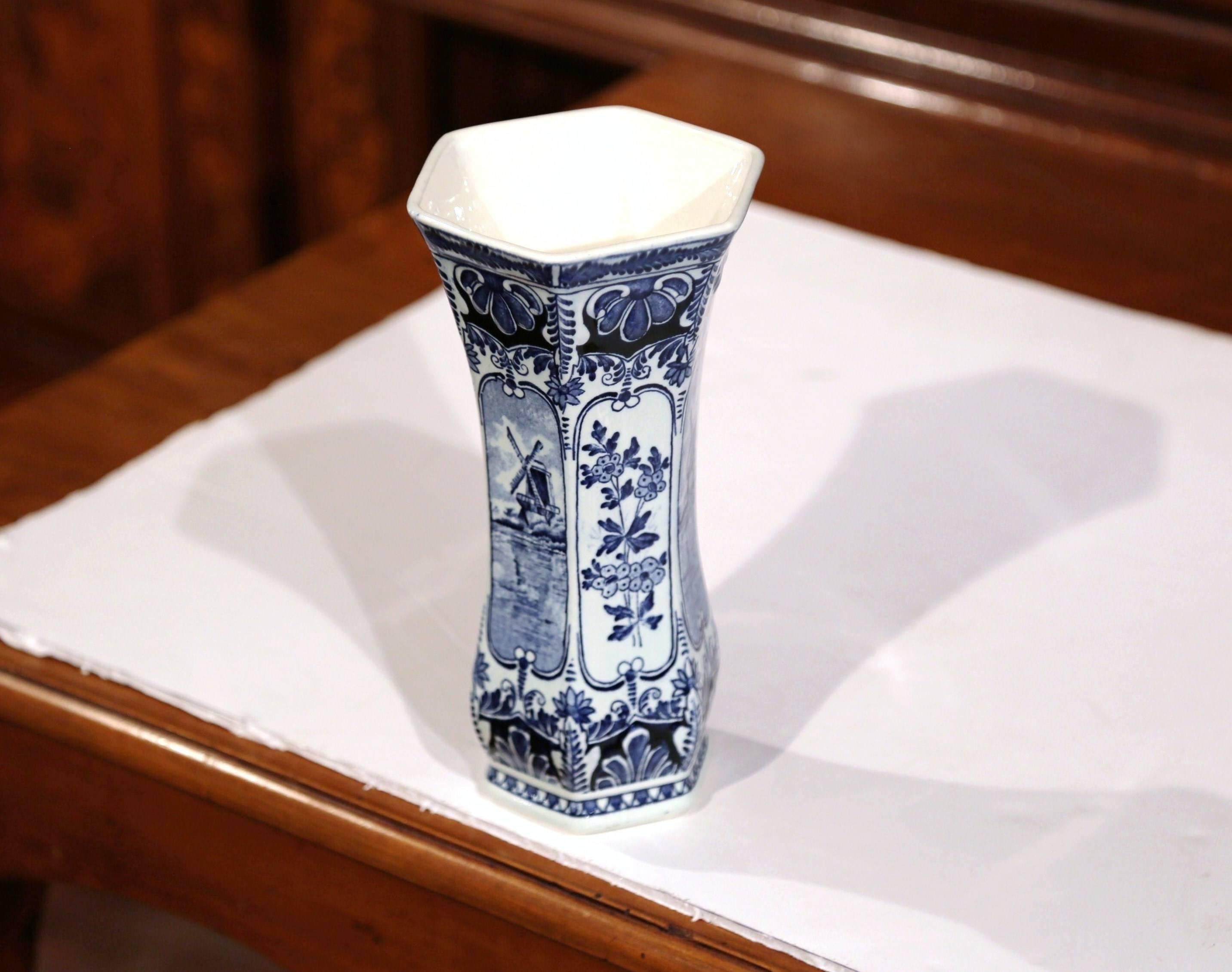 Early 20th Century Dutch Blue and White Hand-Painted Delft Vase with Windmill In Excellent Condition In Dallas, TX