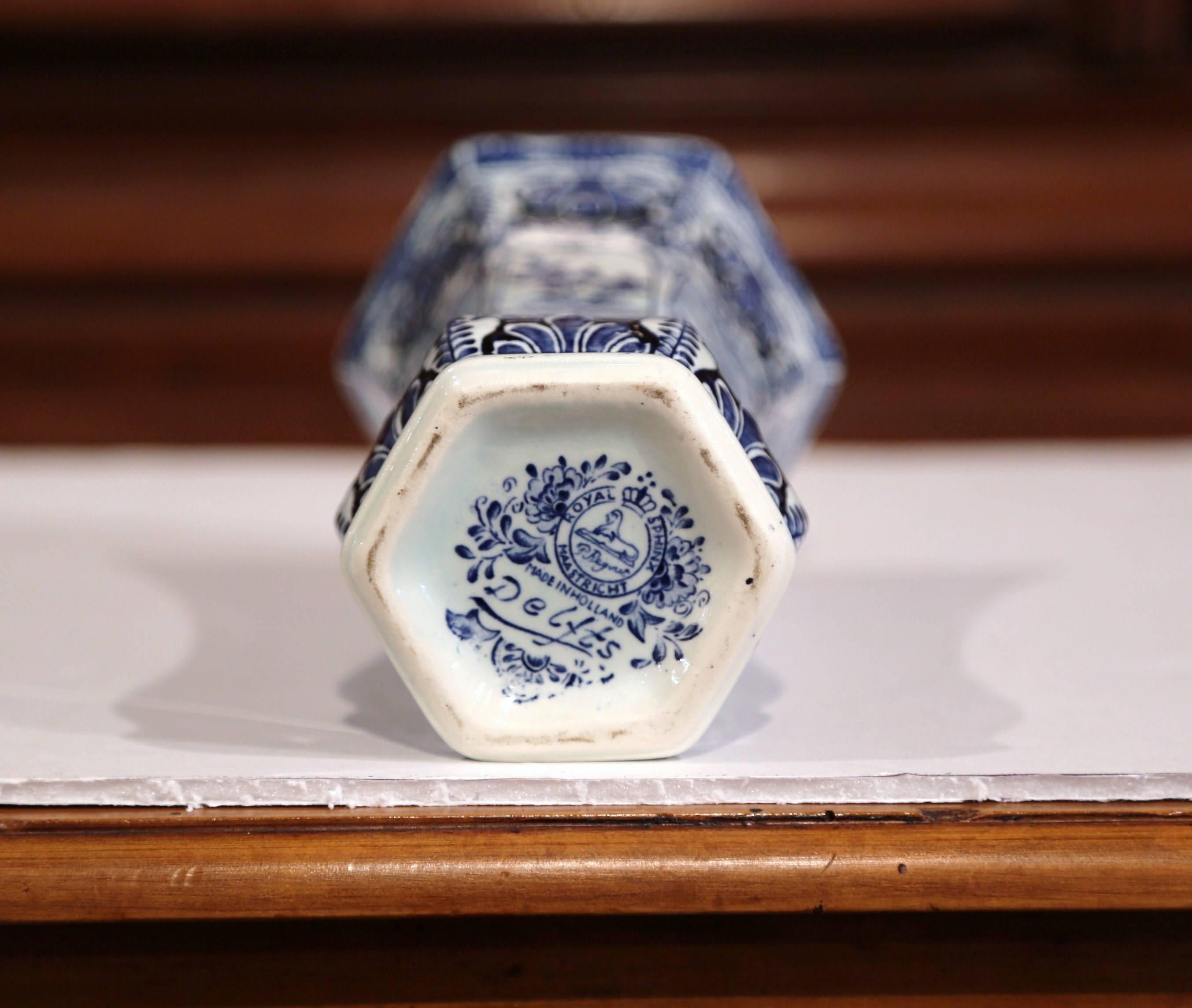 Ceramic Early 20th Century Dutch Blue and White Hand-Painted Delft Vase with Windmill
