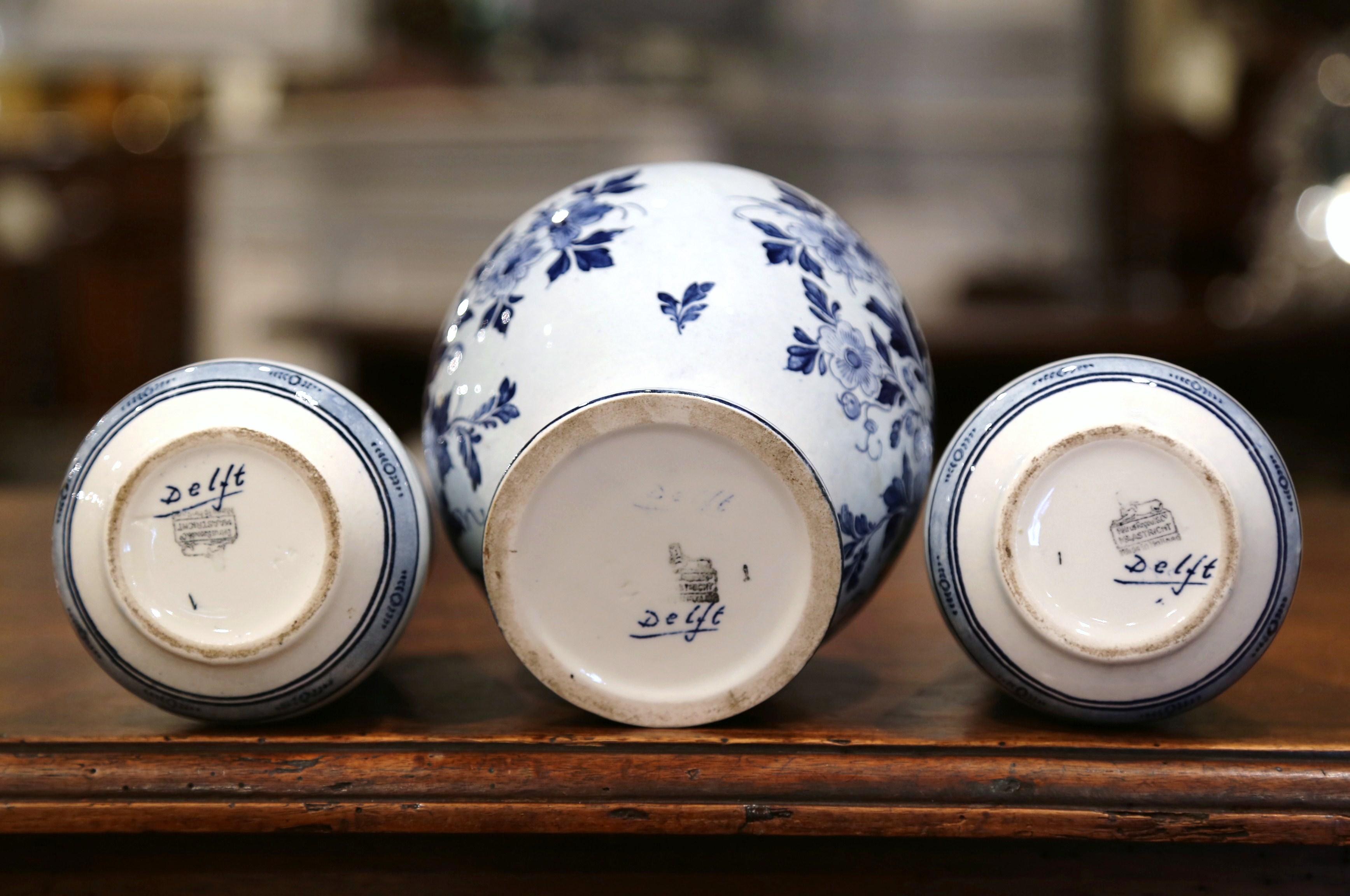 Hand-Painted Early 20th Century Dutch Blue and White Maastricht Delft Mantel Three-Piece Set