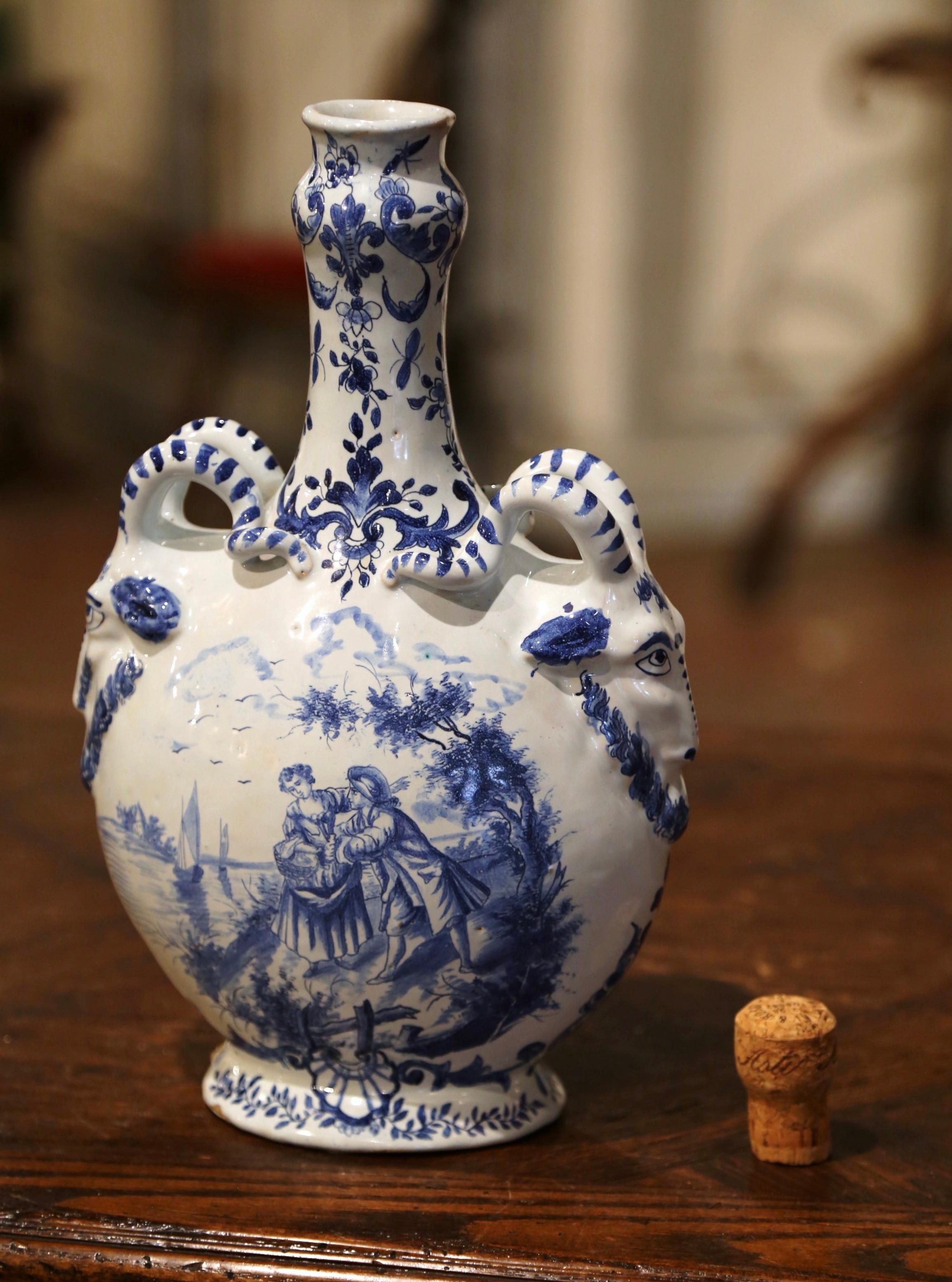 Early 20th Century Dutch Blue and White Painted Faience Delft Olive Oil Jar 2