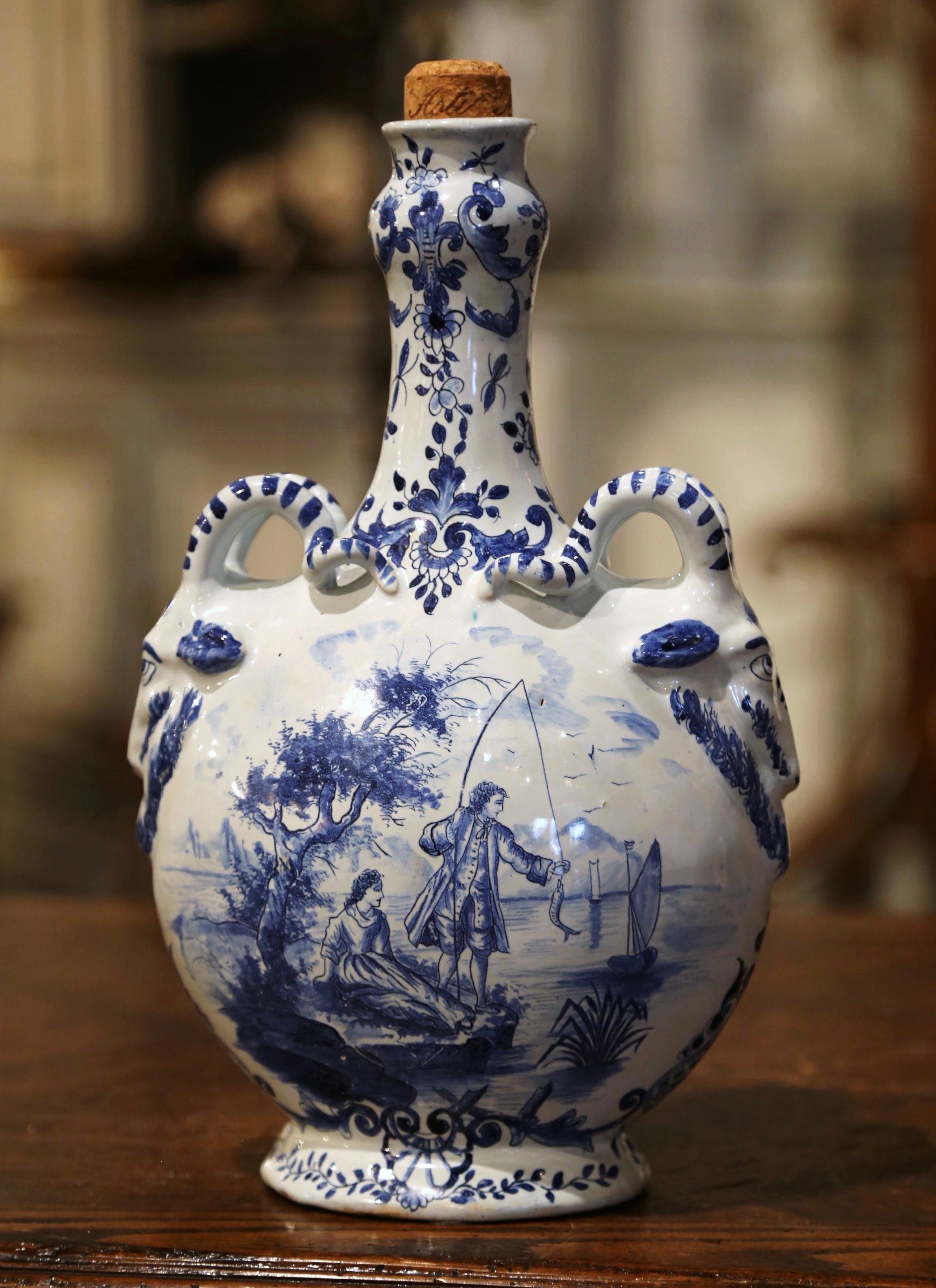 Early 20th Century Dutch Blue and White Painted Faience Delft Olive Oil Jar 3