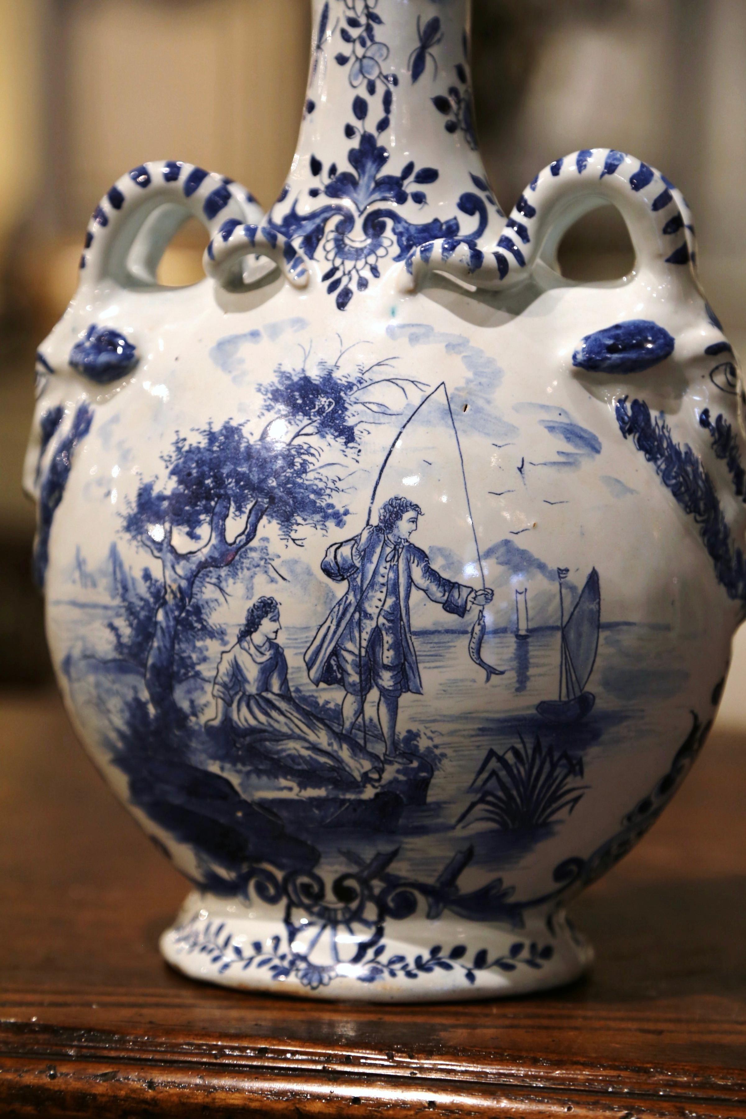 Early 20th Century Dutch Blue and White Painted Faience Delft Olive Oil Jar 4