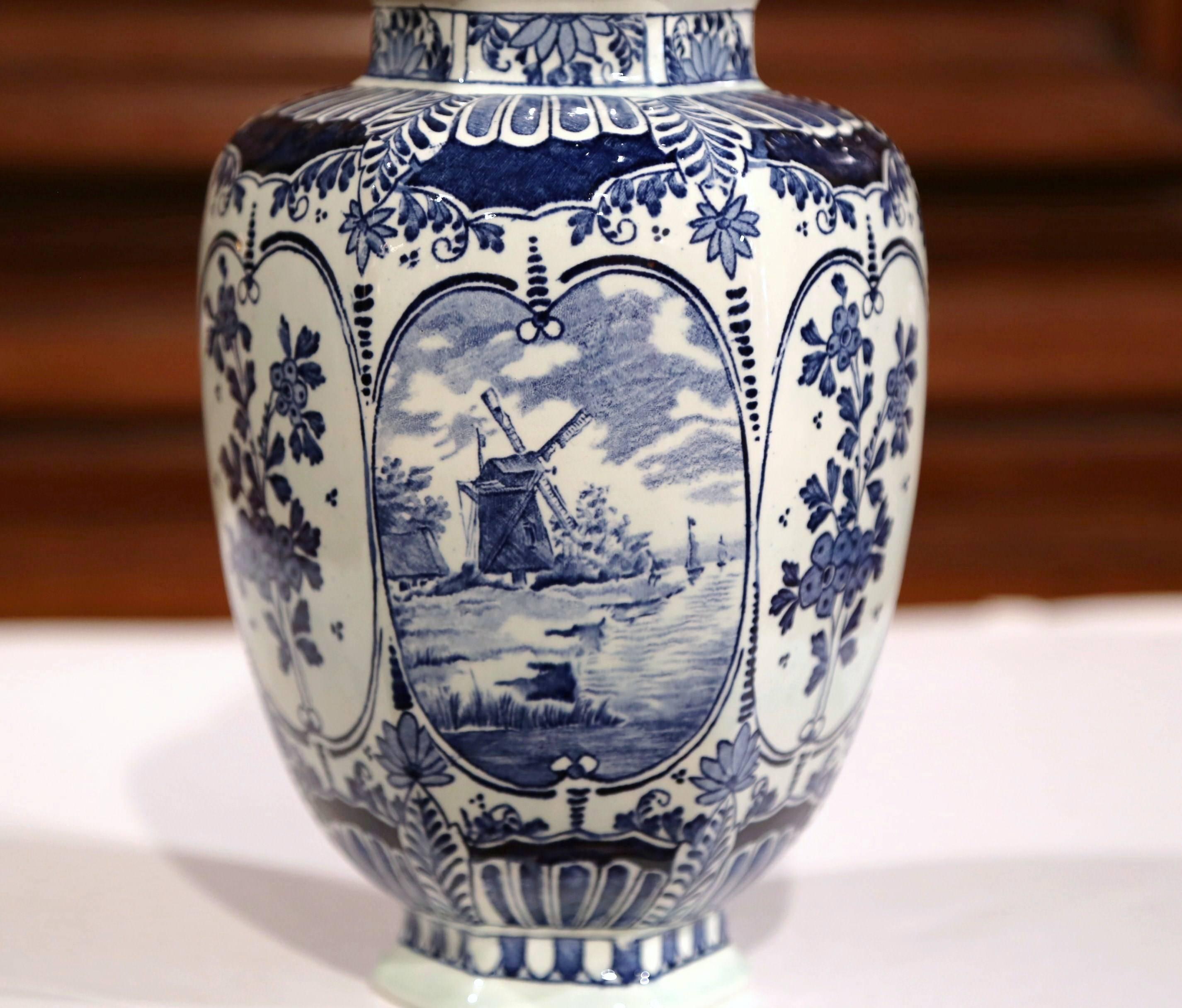 Peint à la main Jarre à gingembre et couvercle Royal Delft hollandais bleu et blanc du début du 20e siècle