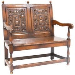 Early 20th Century Dutch Carved Oak Settee Bench