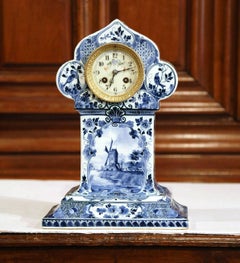 Early 20th Century Dutch Hand Painted Blue and White Faience Delft Mantel Clock