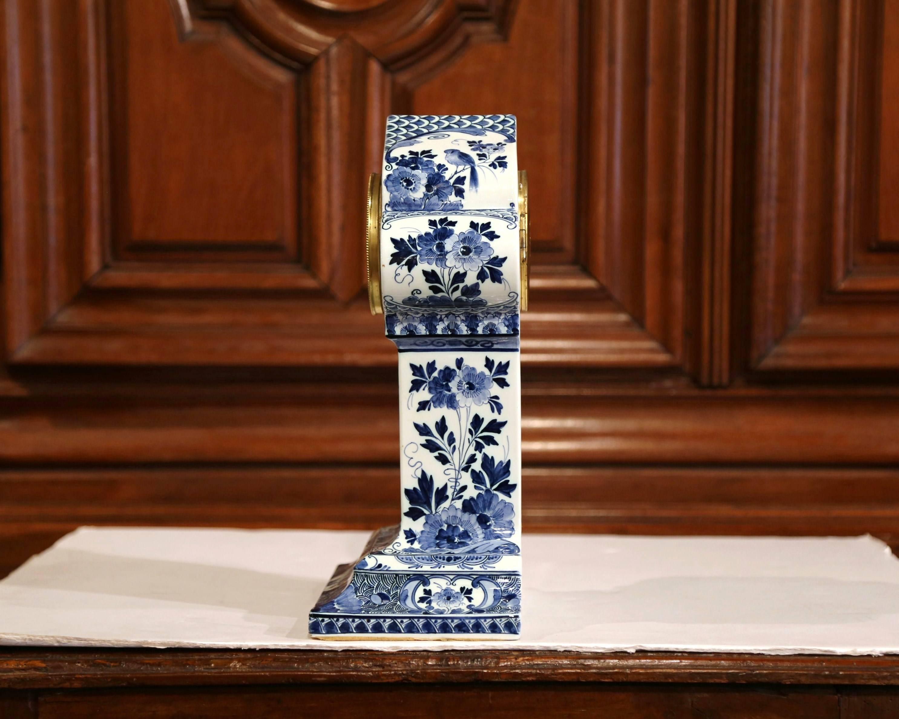 19th Century Early 20th Century Dutch Hand Painted Blue and White Faience Delft Mantel Clock