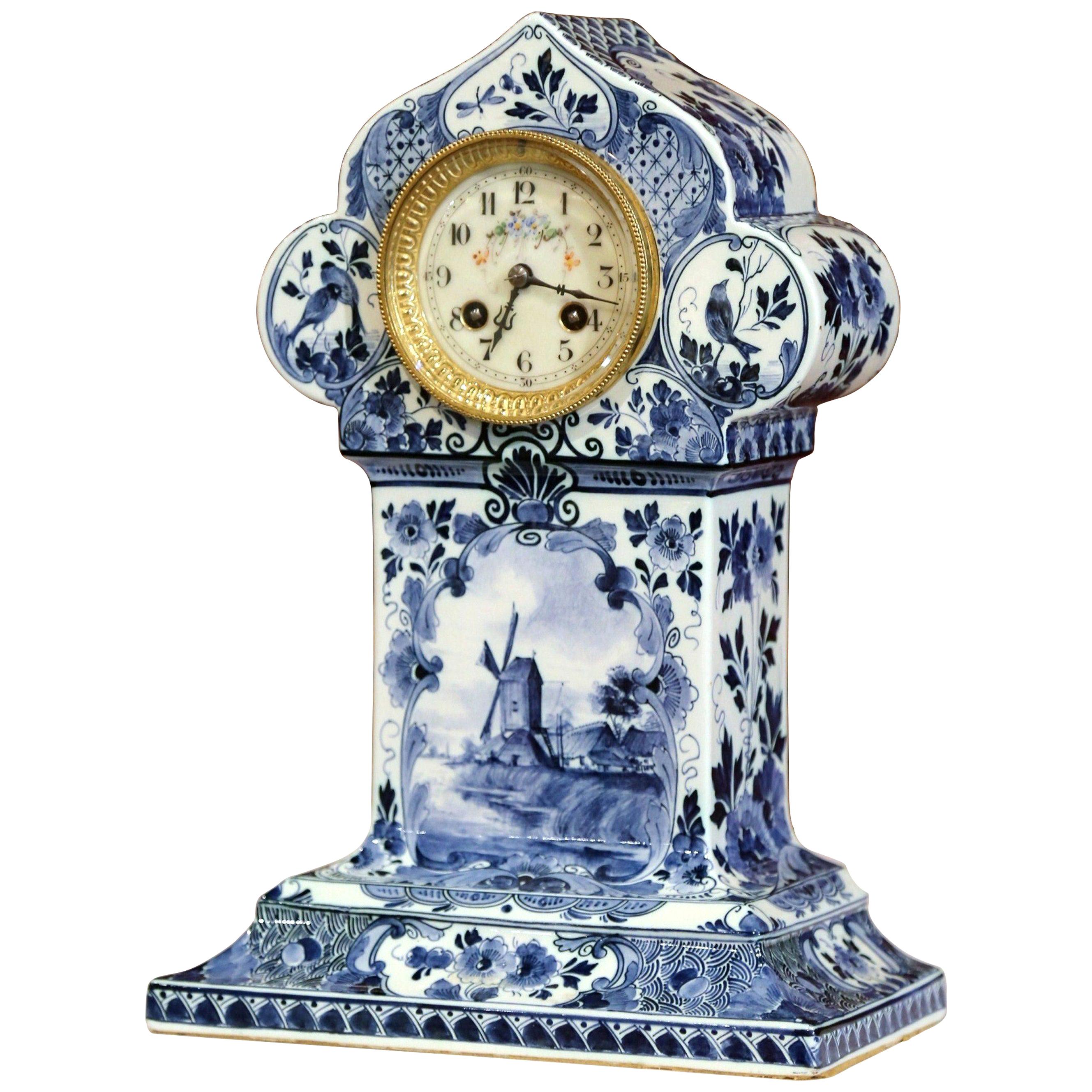 Early 20th Century Dutch Hand Painted Blue and White Faience Delft Mantel Clock