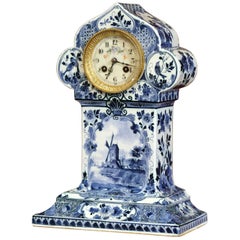 Antique Early 20th Century Dutch Hand Painted Blue and White Faience Delft Mantel Clock