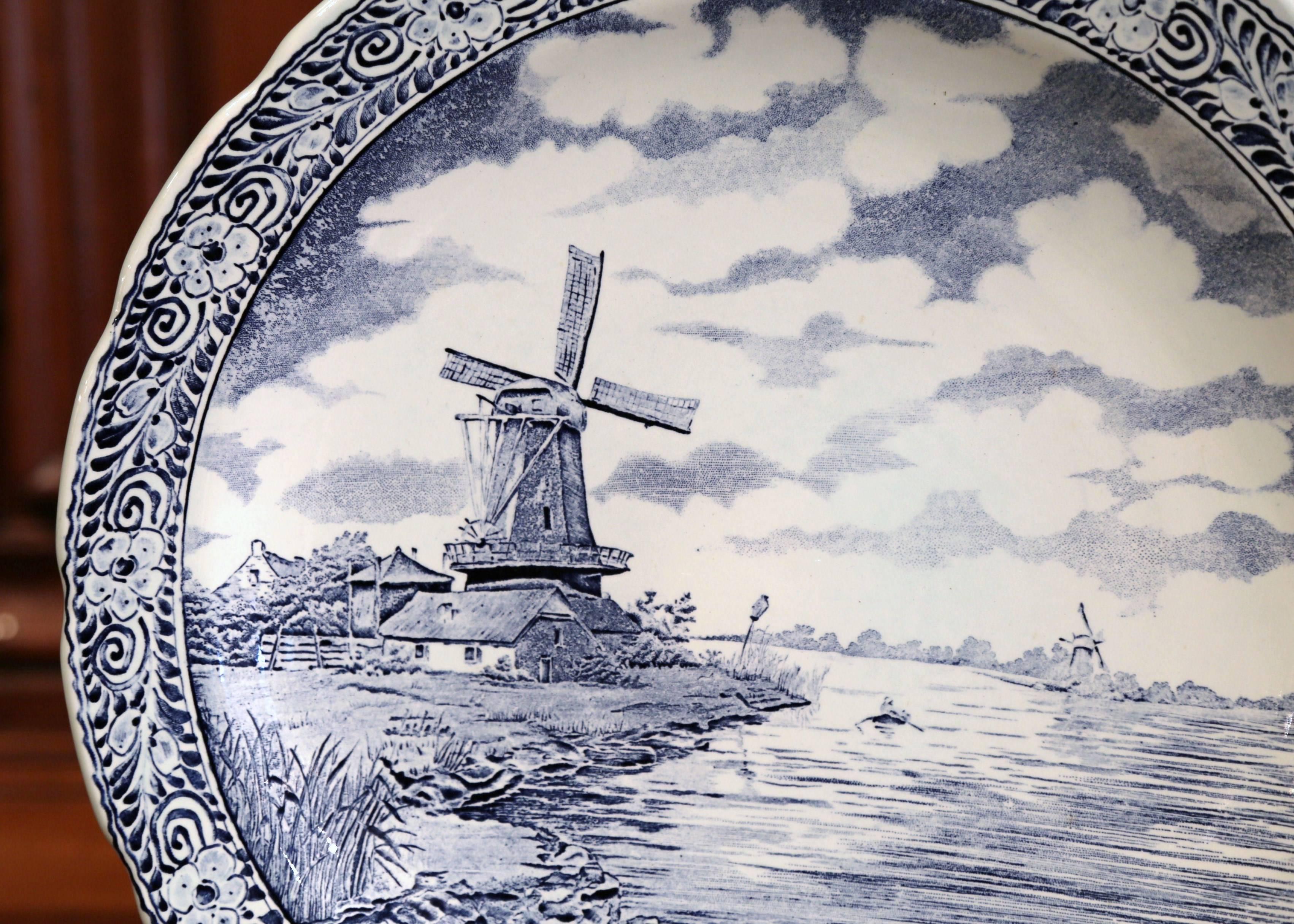Hand-Painted Early 20th Century Dutch Hand Painted Bosh Delft Platter with Pastoral Scene For Sale