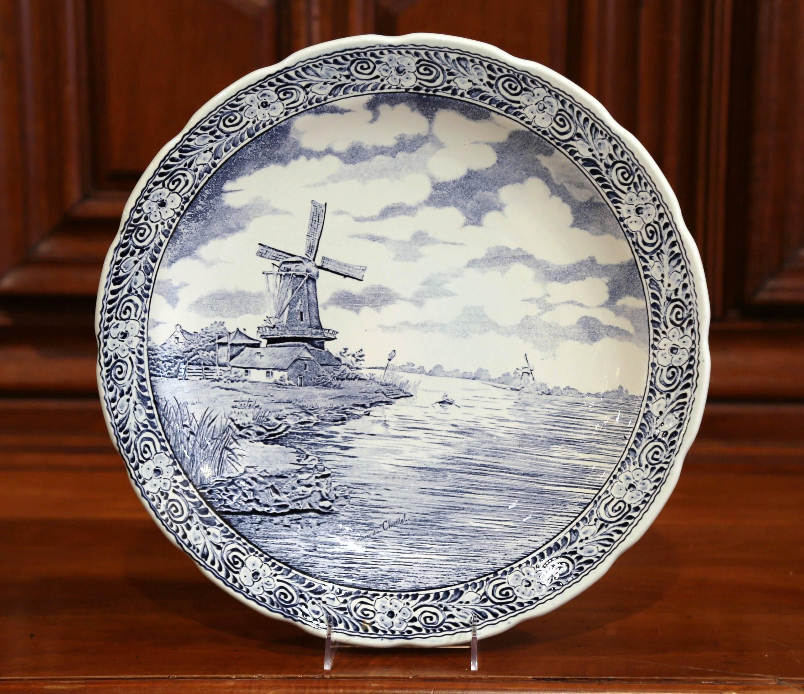Ceramic Early 20th Century Dutch Hand Painted Bosh Delft Platter with Pastoral Scene For Sale
