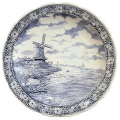 Antique Early 20th Century Dutch Hand Painted Bosh Delft Platter with Pastoral Scene