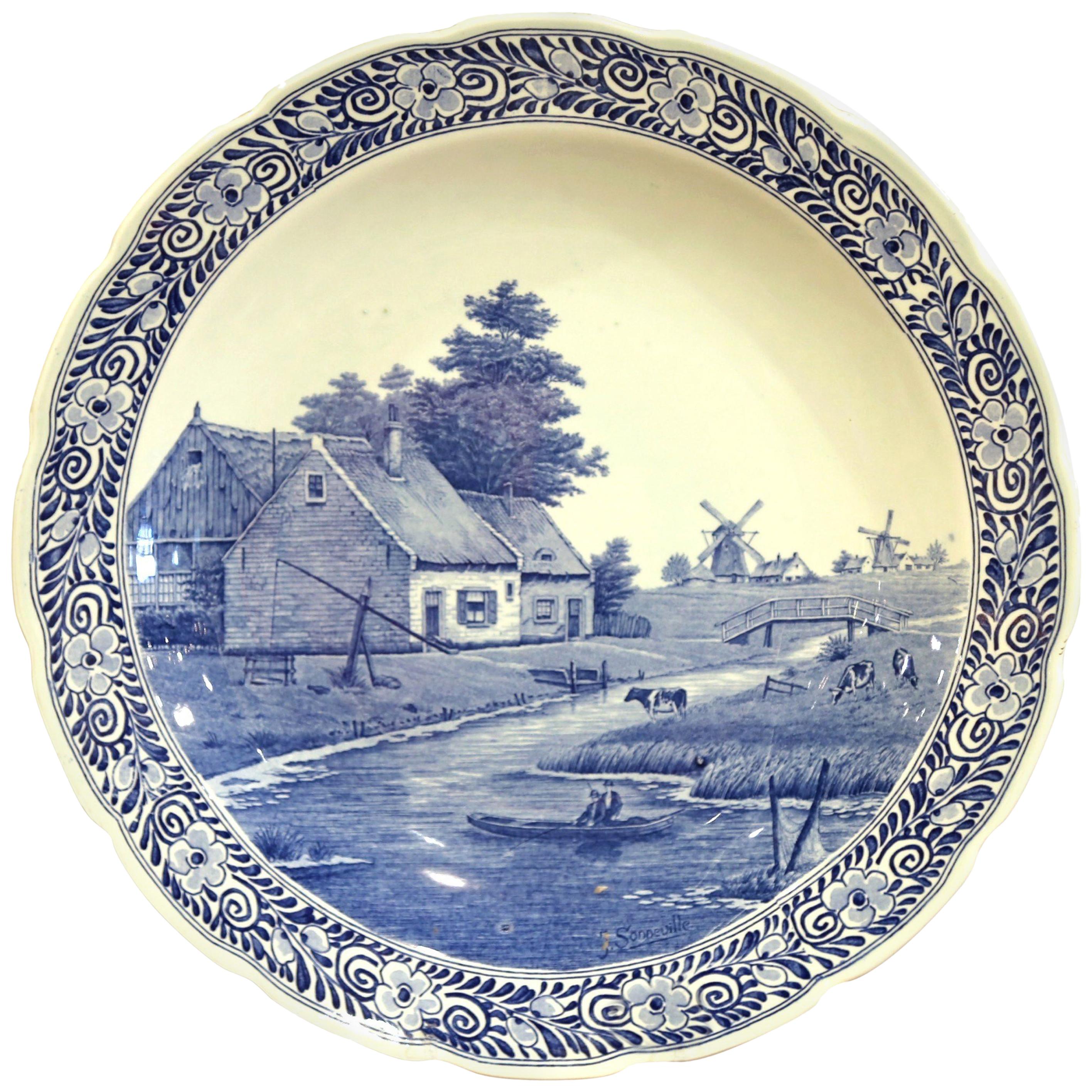 Early 20th Century Dutch Hand Painted Delft Platter with Pastoral Scene