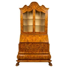 Early 20th century Dutch Marquetry Trumeau Library Cabinet with Drop-Front Desk