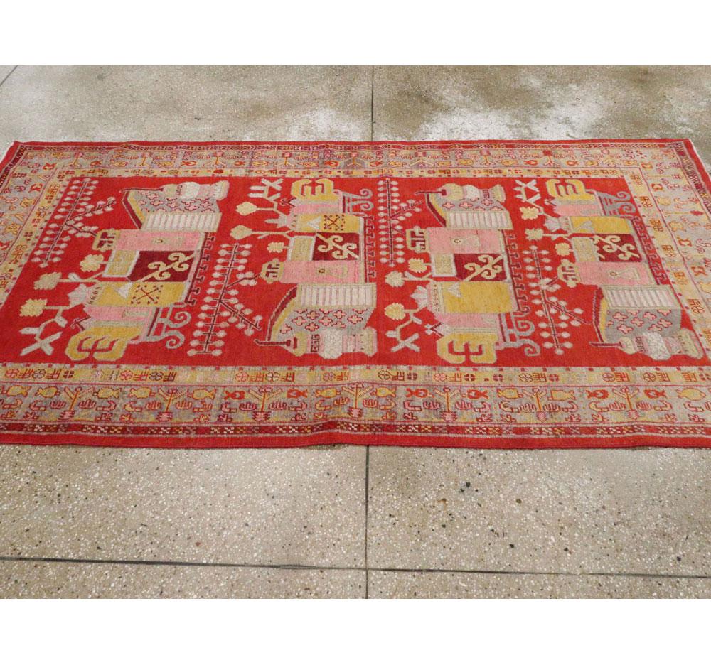 Early 20th Century East Turkestan Pictorial Vase Khotan Small Gallery Rug in Red For Sale 1