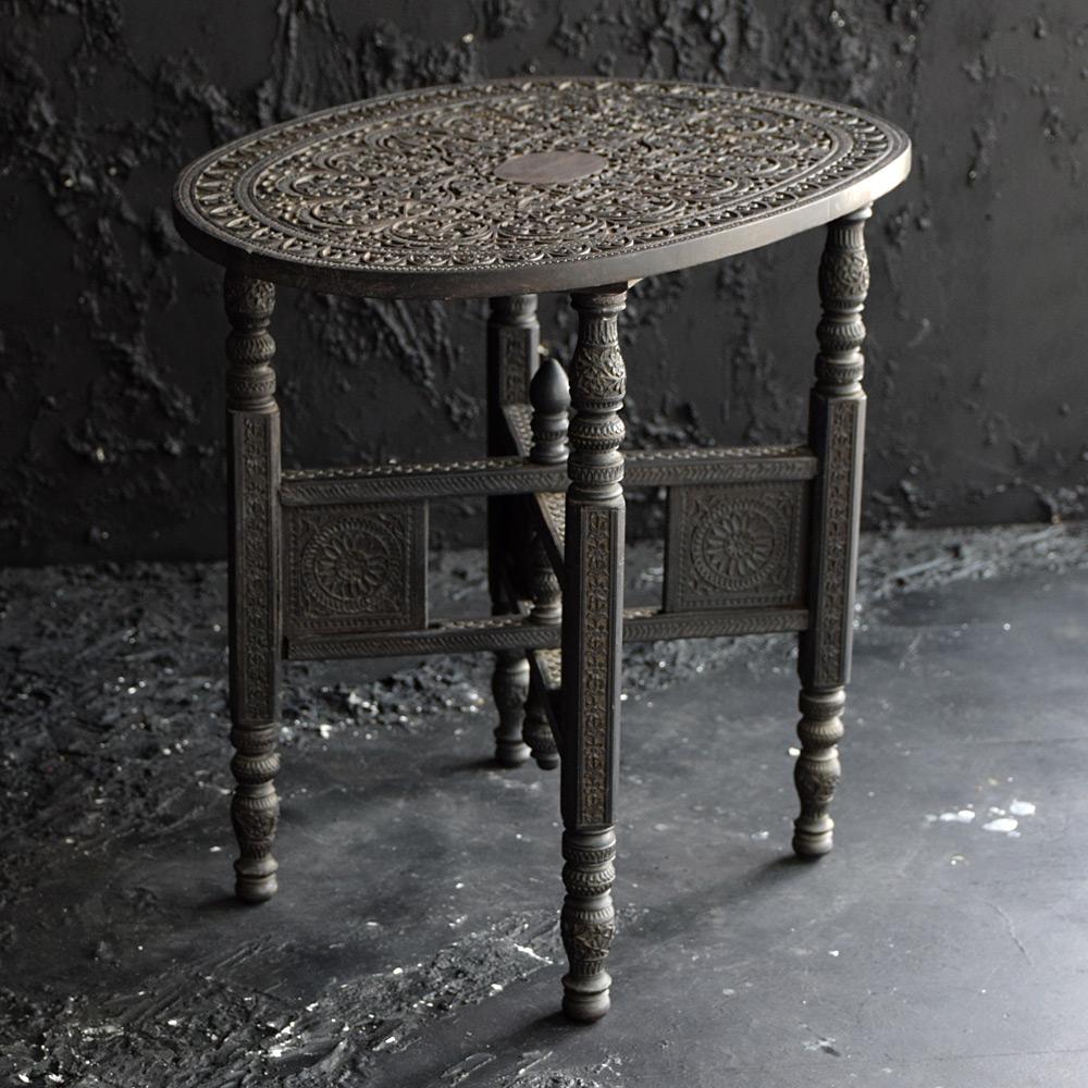 Early 20th Century Ebonised Hand Carved Nagina Folding Side Table 1