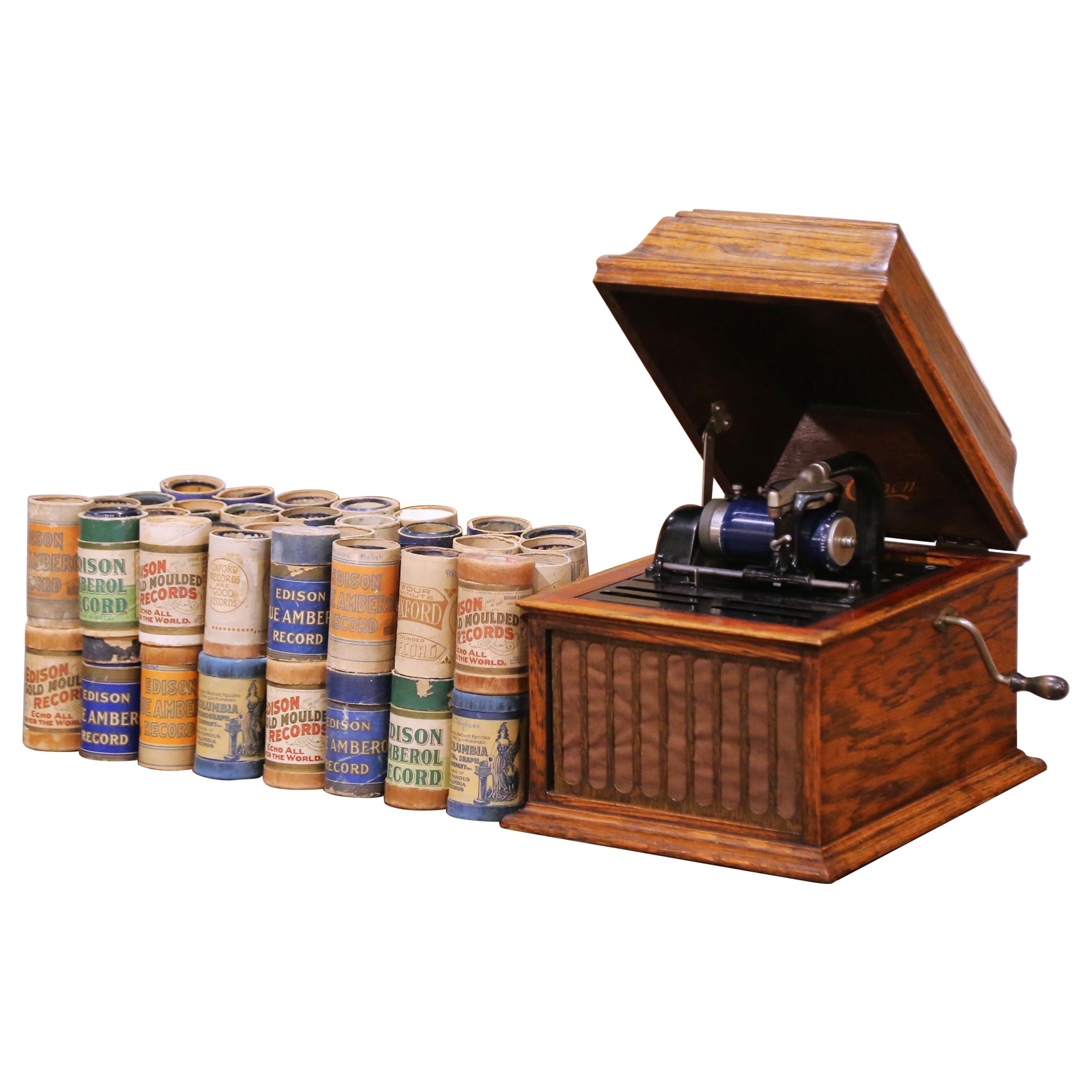 Early 20th Century Edison Oak Cylinder Phonograph with Blue Amberol Records