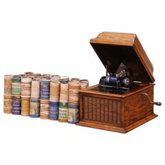 Early 20th Century Edison Oak Cylinder Phonograph with Blue Amberol Records
