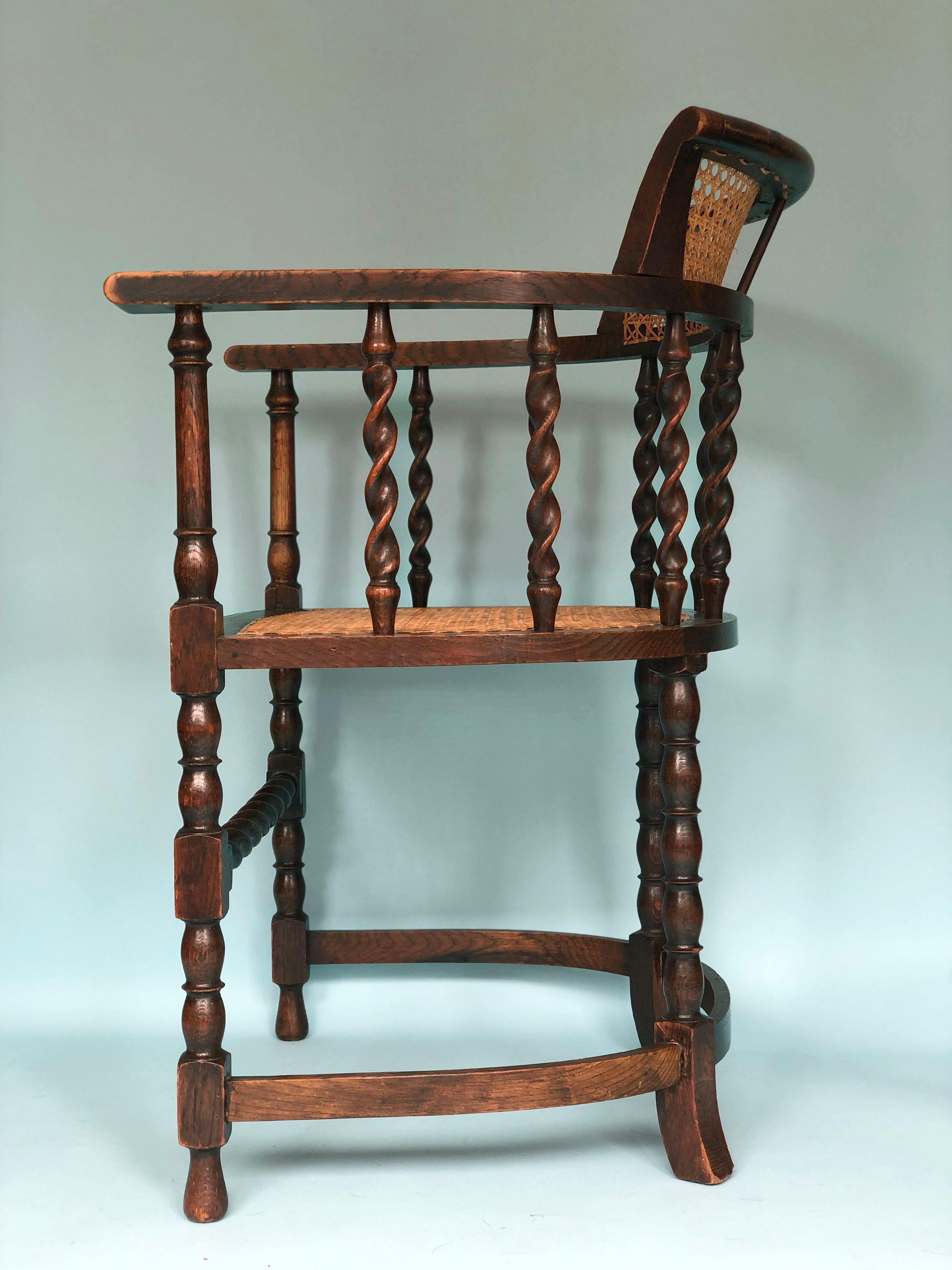 British Early 20th Century Edwardian Barley Twist Corner Chair with Cane