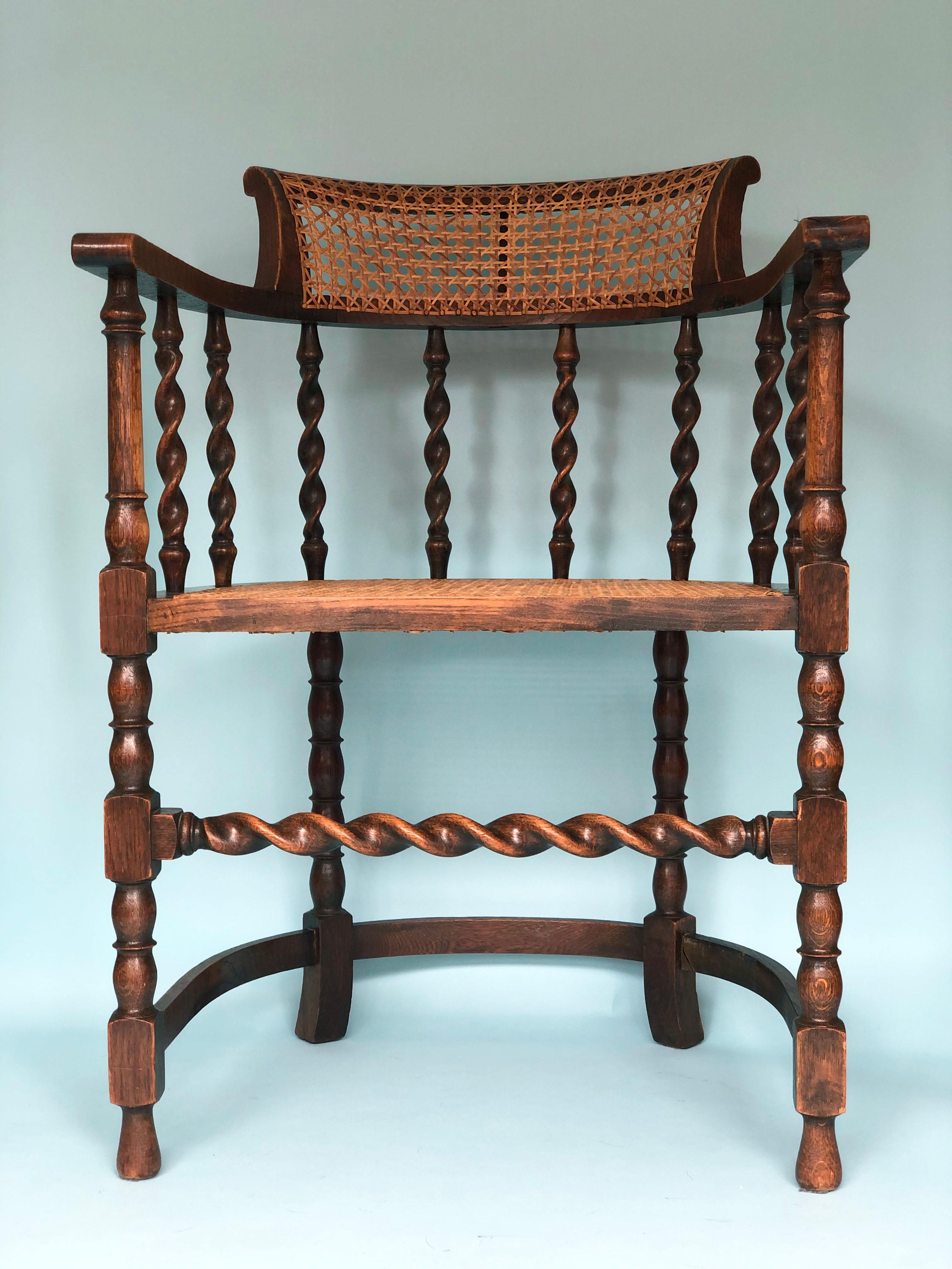 Early 20th Century Edwardian Barley Twist Corner Chair with Cane In Good Condition In Bjuråker, SE