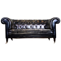 Early 20th Century Edwardian Black Leather Buttoned Chesterfield Sofa