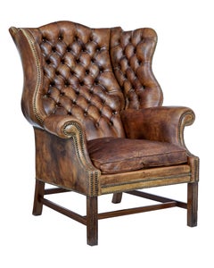 Early 20th Century Edwardian Button Back Leather Wing Back Armchair