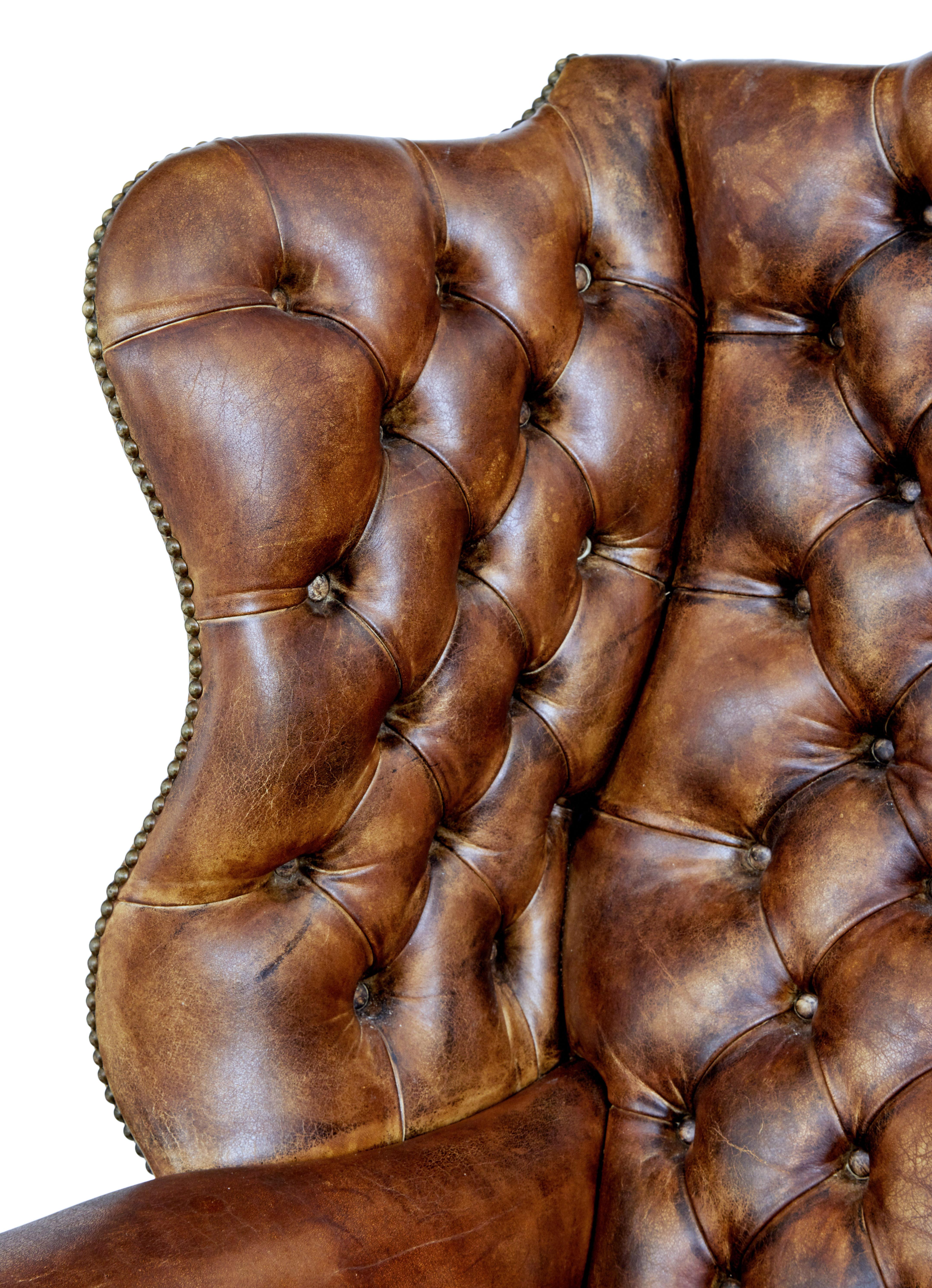 Woodwork Early 20th Century Edwardian Button Back Leather Wing Back Armchair