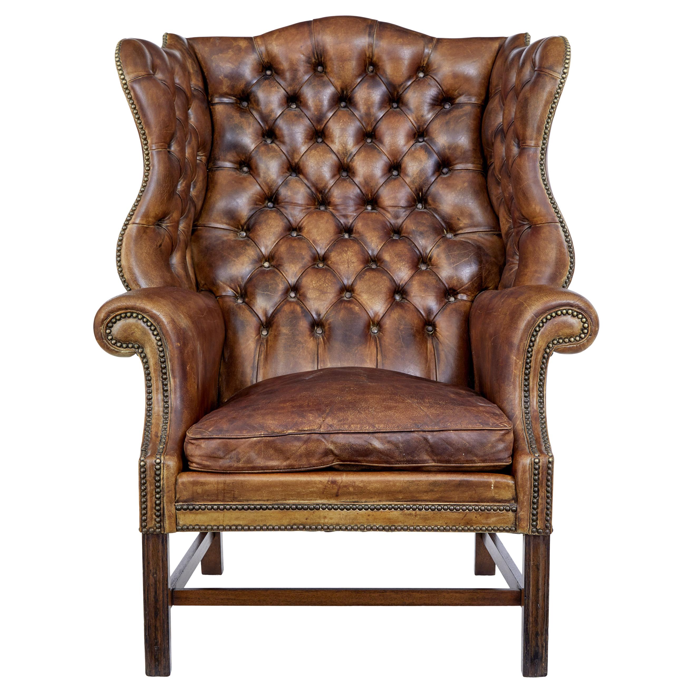 Early 20th Century Edwardian Button Back Leather Wing Back Armchair