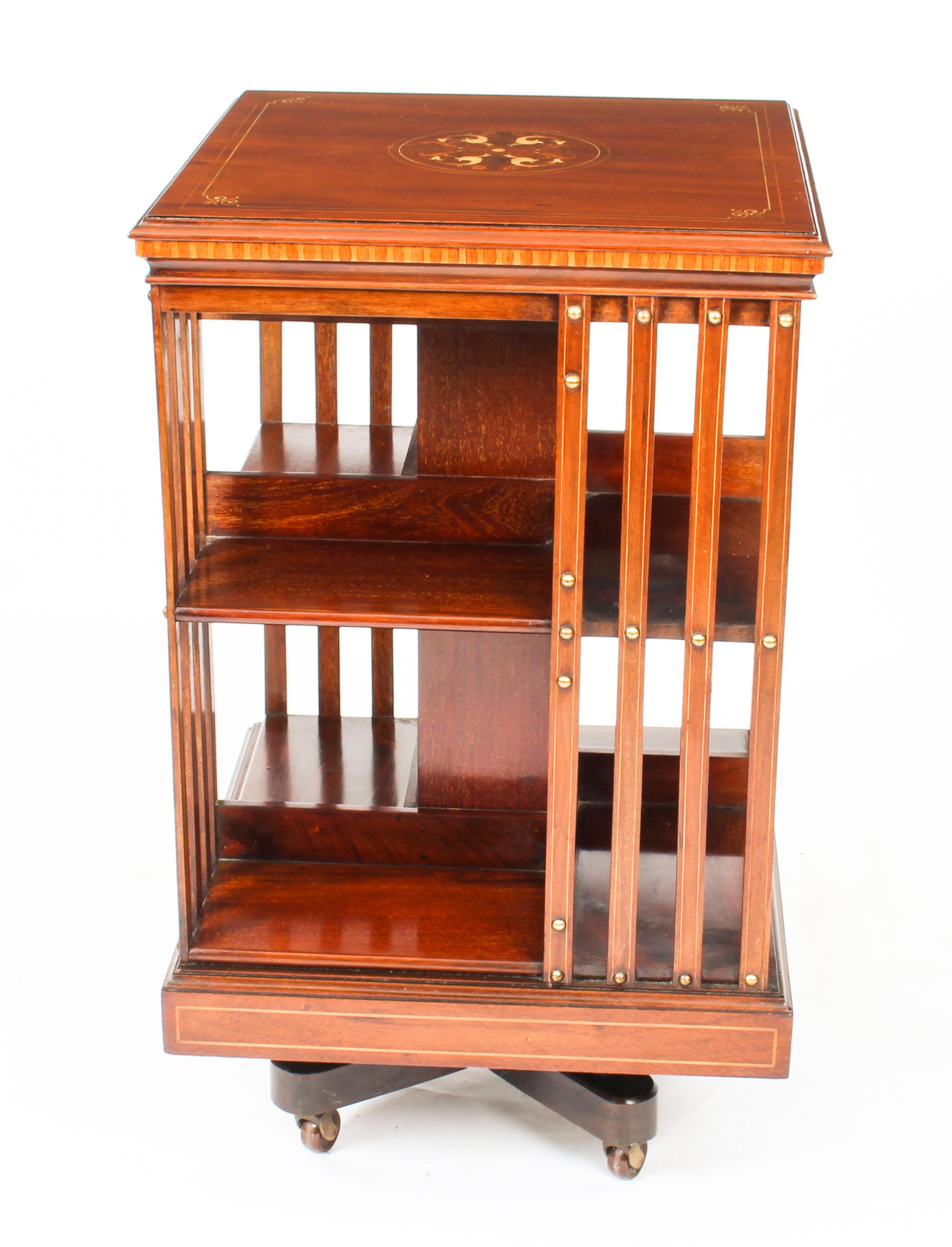 Marquetry Early 20th Century Edwardian Inlaid Mahogany Square Revolving Bookcase