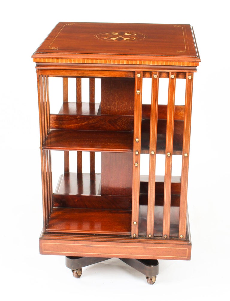 Early 20th Century Edwardian Inlaid Mahogany Square Revolving Bookcase