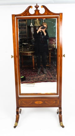 Early 20th Century Edwardian Mahogany Inlaid Cheval Mirror