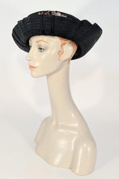 Early 20th Century, Edwardian, Navy Blue Straw Hat with Pink Flower Details