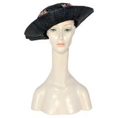 Early 20th Century, Edwardian, Navy Blue Straw Hat with Pink Flower Details