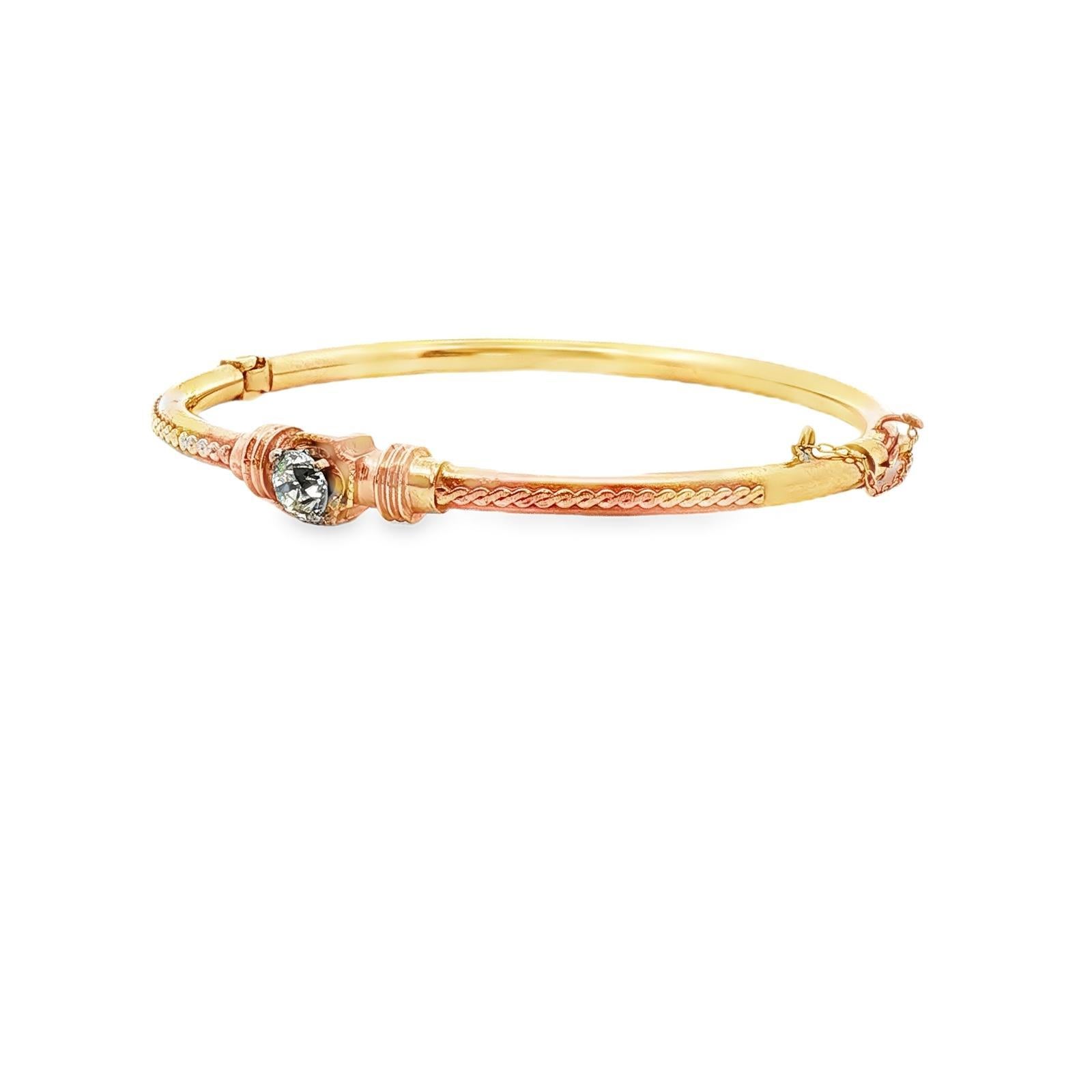 Early 20th Century Edwardian Old Mine Cut Diamond 14KYG Hinged Bangle Bracelet In Good Condition For Sale In Boca Raton, FL
