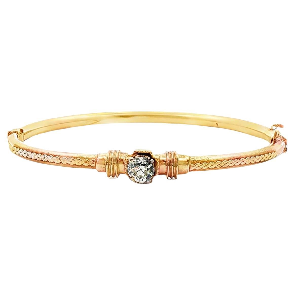 Early 20th Century Edwardian Old Mine Cut Diamond 14KYG Hinged Bangle Bracelet For Sale