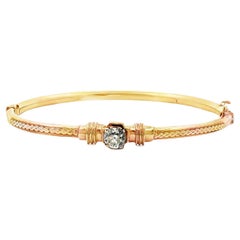 Antique Early 20th Century Edwardian Old Mine Cut Diamond 14KYG Hinged Bangle Bracelet