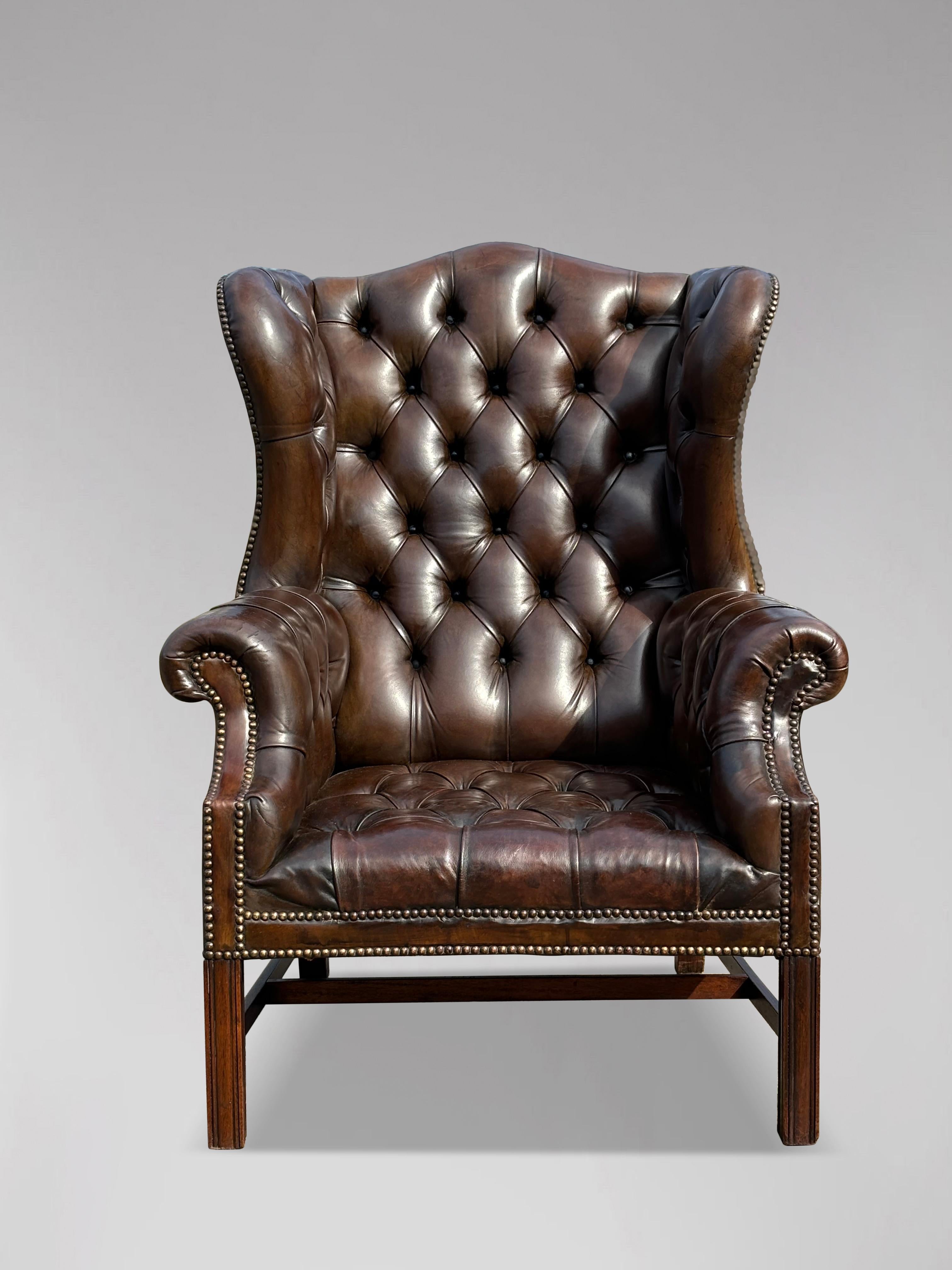 Britannique Début du 20e siècle, période édouardienne Fauteuil à oreilles en cuir Brown en vente