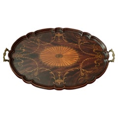 Early 20th Century Edwardian Period Marquetry Inlaid Shaped Oval Tray