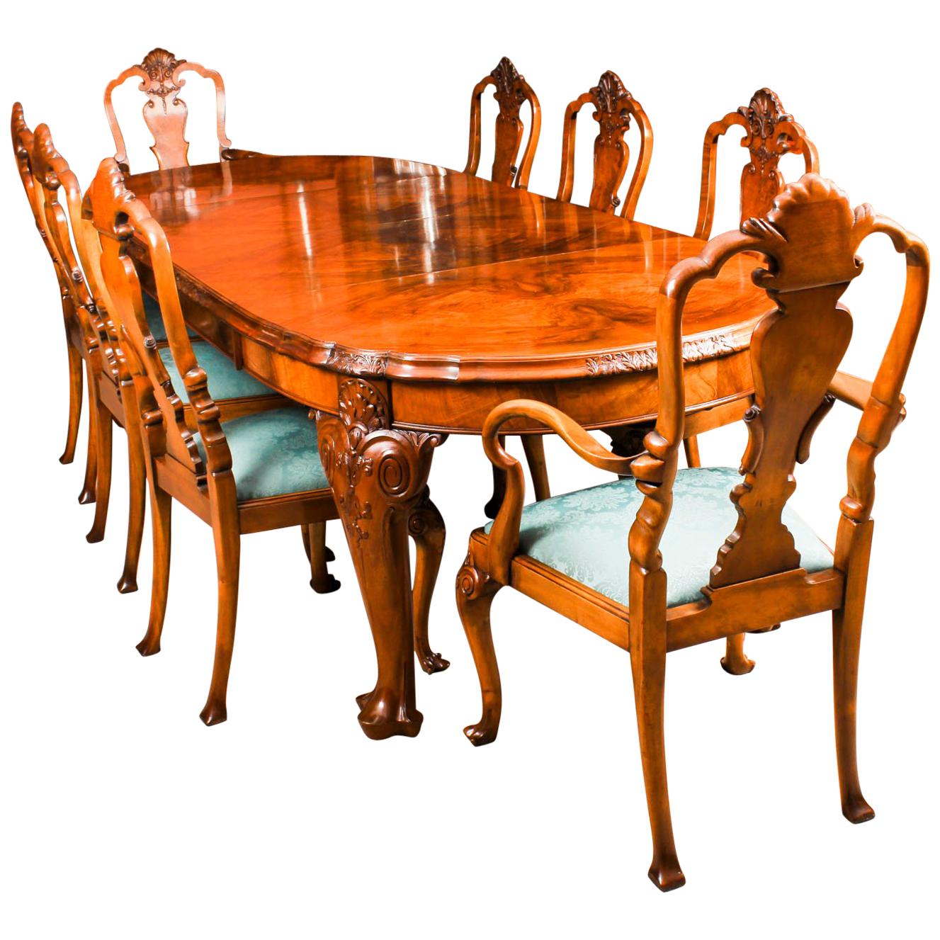 Early 20th Century Edwardian Queen Anne Revival Dining Table and 8 Chairs