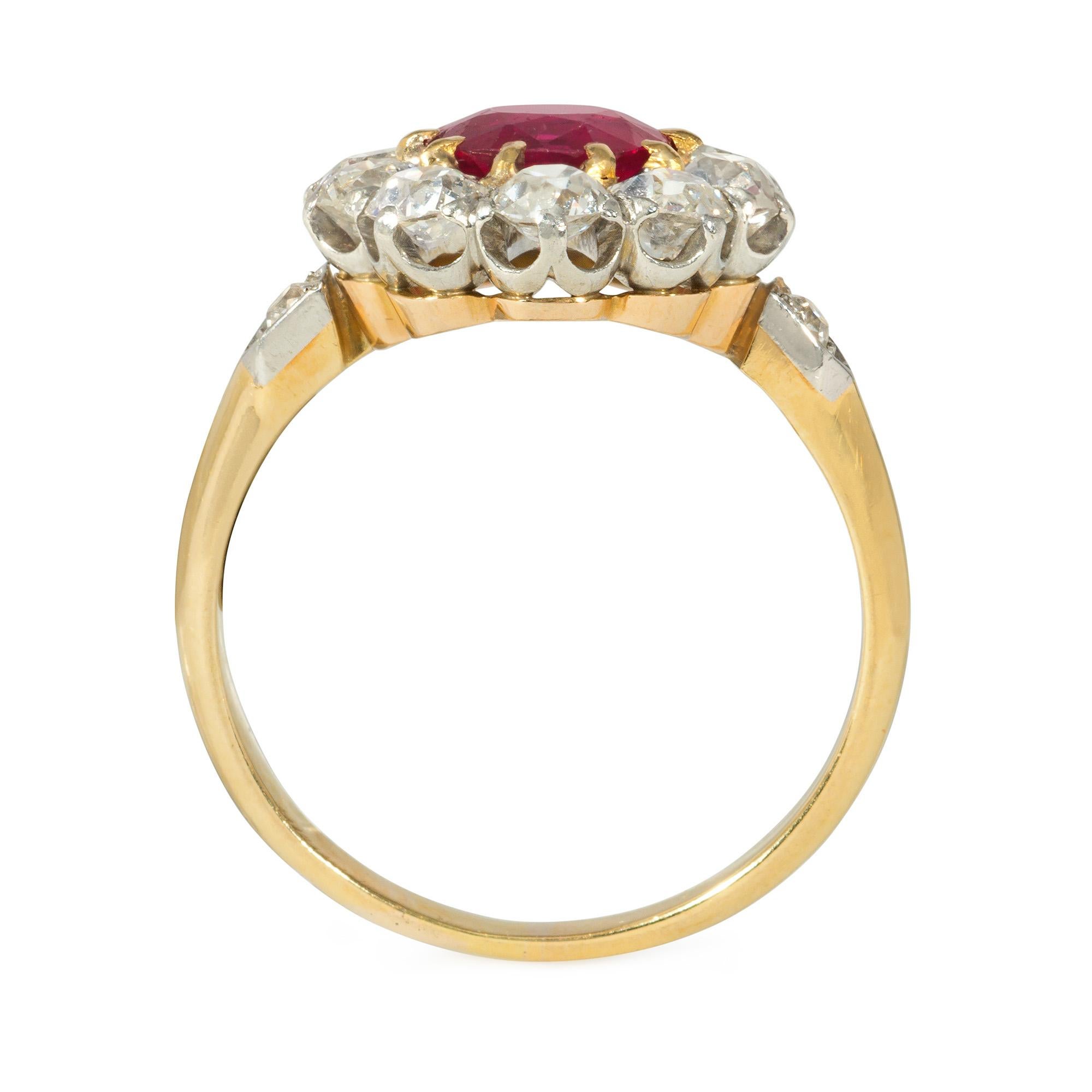 Oval Cut Early 20th Century Edwardian Ruby and Diamond Cluster Ring, No Heat For Sale
