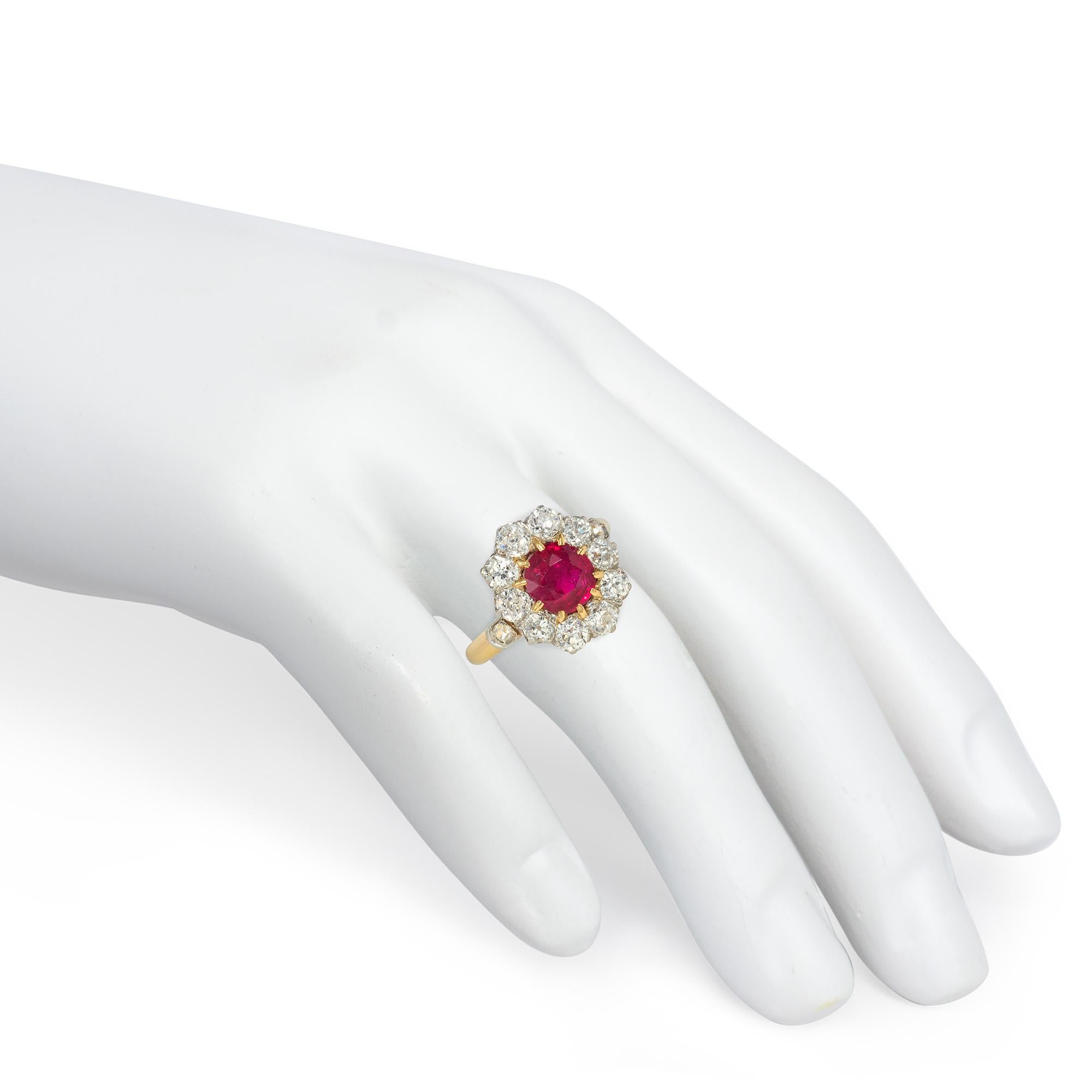 Women's or Men's Early 20th Century Edwardian Ruby and Diamond Cluster Ring, No Heat For Sale